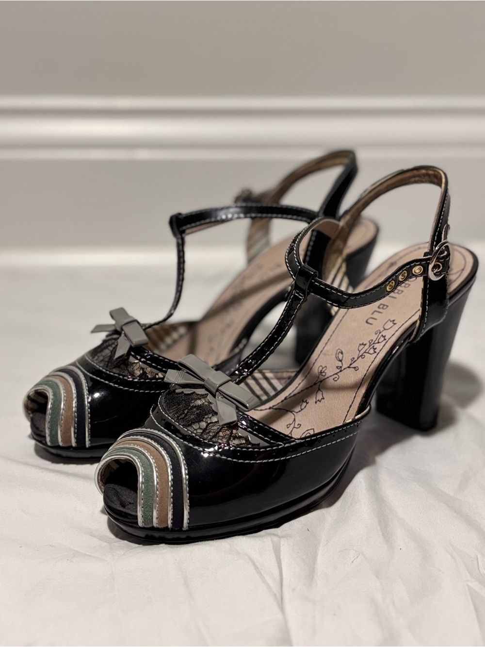 Black Patent T-Strap Peep-Toe Heels with Bow Detail